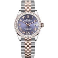 Réplica Rolex Datejust 31 em aço inoxidável e ouro rosa berinjela pave mostrador romano moldura de diamante relógio feminino M278381RBR-0020