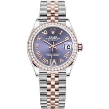 Réplica Rolex Datejust 31 em aço inoxidável e ouro rosa berinjela pave mostrador romano moldura de diamante relógio feminino M278381RBR-0020