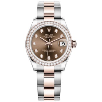 Falso Rolex Datejust 31 aço inoxidável e ouro rosa chocolate diamante mostrador moldura de diamante relógio feminino M278381RBR-0027