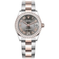 Réplica Rolex Datejust 31 em aço inoxidável e ouro rosa ardósia pavimentada com mostrador romano e moldura de diamante relógio feminino M278381RBR-0029