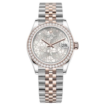 Cópia Rolex Datejust 31 em aço inoxidável e ouro rosa prata com motivo floral mostrador de diamante moldura de diamante relógio feminino M278381RBR-0032