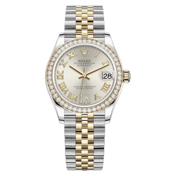 Réplica Rolex Datejust 31 em aço inoxidável e ouro amarelo prata pave mostrador romano moldura de diamante relógio feminino M278383RBR-0004