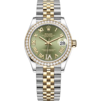 Cópia Rolex Datejust 31 em aço inoxidável e ouro amarelo oliva verde pave mostrador romano moldura de diamante relógio feminino M278383RBR-0016