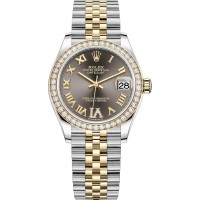 Cópia Rolex Datejust 31 em aço inoxidável e ouro amarelo cinza escuro pave mostrador romano moldura de diamante relógio feminino M278383RBR-0018