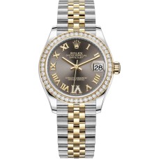 Cópia Rolex Datejust 31 em aço inoxidável e ouro amarelo cinza escuro pave mostrador romano moldura de diamante relógio feminino M278383RBR-0018