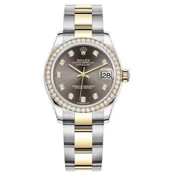 Relógio feminino Rolex Datejust 31 falso em aço inoxidável e ouro amarelo cinza escuro com moldura de diamante M278383RBR-0021