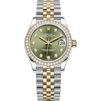 Falso Rolex Datejust 31 Aço Inoxidável e Ouro Amarelo Olive Green Diamond Dial Diamond Bezel Relógio Feminino M278383RBR-0030