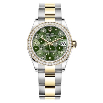 Réplica Rolex Datejust 31 em aço inoxidável e ouro amarelo oliva verde floral-motivo mostrador diamante moldura de diamante relógio feminino M278383RBR-0031