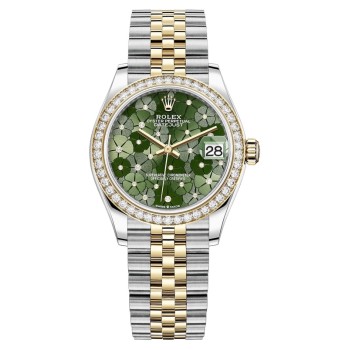 Cópia Rolex Datejust 31 em aço inoxidável e ouro amarelo verde oliva com motivo floral com mostrador de diamante e moldura de diamante relógio feminino M278383RBR-0032