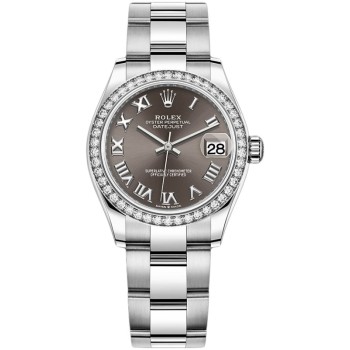 Cópia Rolex Datejust 31 em aço inoxidável e ouro branco cinza escuro com mostrador romano e moldura de diamante relógio feminino M278384RBR-0025