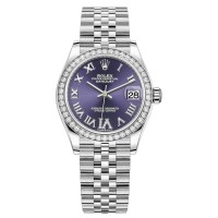 Falso Rolex Datejust 31 em aço inoxidável e ouro branco berinjela pave mostrador romano cúpula diamante moldura relógio feminino M278384RBR-0030