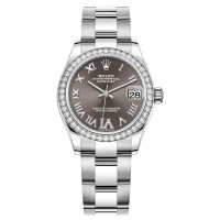 Réplica Rolex Datejust 31 em aço inoxidável e ouro branco cinza escuro pavimentado mostrador romano moldura de diamante relógio feminino M278384RBR-0031