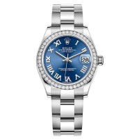 Relógio feminino Rolex Datejust 31 falso em aço inoxidável e ouro branco azul com mostrador romano e moldura de diamante M278384RBR-0038