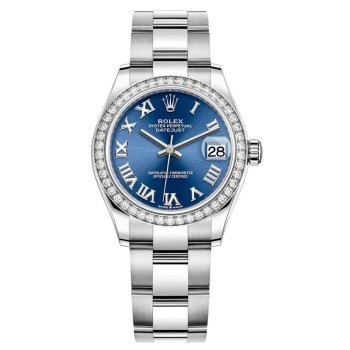 Relógio feminino Rolex Datejust 31 falso em aço inoxidável e ouro branco azul com mostrador romano e moldura de diamante M278384RBR-0038