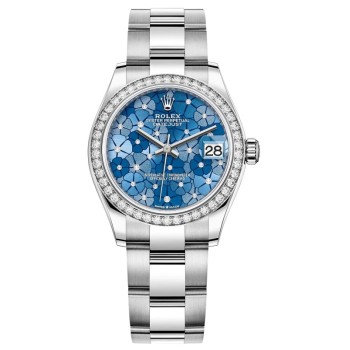 Cópia Rolex Datejust 31 em aço inoxidável e ouro branco Azzurro-azul-floral-motivo diamante mostrador com moldura de diamante relógio feminino M278384RBR-0039