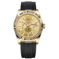 Réplica Rolex Sky-Dweller 42 mm 18kt ouro amarelo champanhe mostrador pulseira de borracha relógio masculino M326238-0007