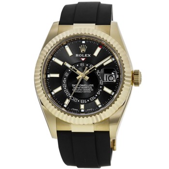 Relógio masculino Rolex Sky-Dweller 42 mm ouro amarelo 18kt com mostrador preto e pulseira de borracha M326238-0009