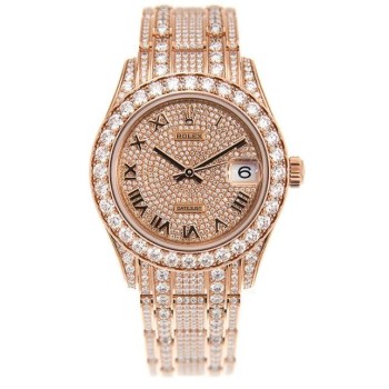 Réplica de relógio feminino Rolex Pearlmaster em ouro rosa com diamantes M81405RBR-0001