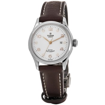 Relógio feminino falso Tudor 1926 28 mm com mostrador de diamante branco e pulseira de couro M91350-0014