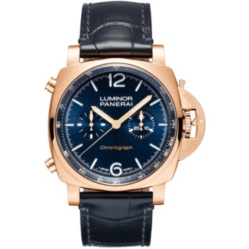 Replica Relógio Panerai Luminor Chrono 18kt ouro rosa azul mostrador pulseira de couro PAM01111