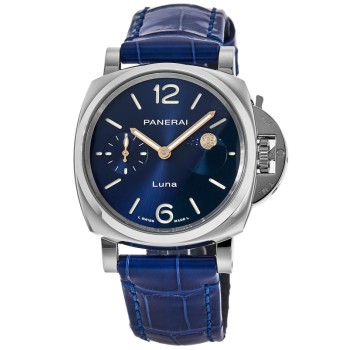 Réplica Panerai Luminor Due Luna com mostrador azul e pulseira de couro relógio masculino PAM01179