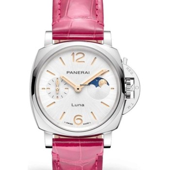 Relógio feminino falso Panerai Luminor Due Luna com mostrador branco e pulseira de couro PAM01180