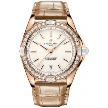 Cópia Breitling Super Chronomat Automático 38 Creme Dial Diamante Bege Pulseira De Couro Relógio Feminino R17356531G1P1