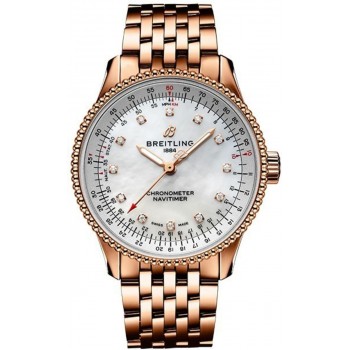 Réplica Breitling Navitimer Automático 35 Madrepérola Mostrador Diamante Rosa Ouro Relógio Feminino R17395211A1R1