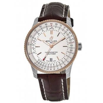 Réplica Breitling Navitimer 1 Automático 41 Mostrador Prateado Pulseira de Couro Marrom Relógio Masculino U17326211G1P2