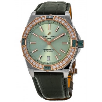 Réplica Breitling Super Chronomat Automático Mostrador Verde Diamante Aço e Pulseira de Couro Ouro Rosa 18kt Relógio Feminino U17356531L1P1