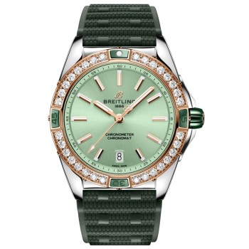 Cópia Breitling Super Chronomat Automático Mostrador Verde Diamante Aço e Ouro Rosa 18kt Pulseira de Borracha Relógio Feminino U17356531L1S1