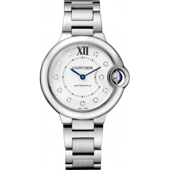 Relógio feminino falso Cartier Ballon Bleu 33 mm prata diamante mostrador em aço W4BB0021