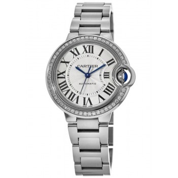 Réplica Cartier Ballon Bleu 33 mm pulseira de aço com mostrador prateado relógio unissex W4BB0023