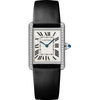 Cópia Cartier Tank Must Grande Mostrador Prateado Diamante Pulseira de Couro Relógio Feminino W4TA0017