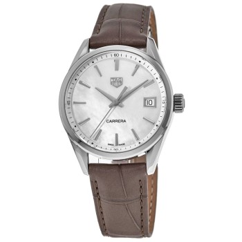 Falso Tag Heuer Carrera Quartzo Mãe de Pérola Mostrador Pulseira de Couro Marrom Relógio Feminino WBK1311.FC8258