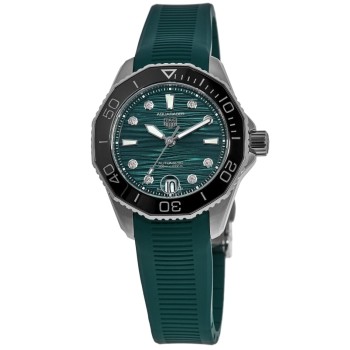 Falso Tag Heuer Aquaracer Professional 300 Data Verde Diamante Mostrador Pulseira de Borracha Relógio Feminino WBP231G.FT6226