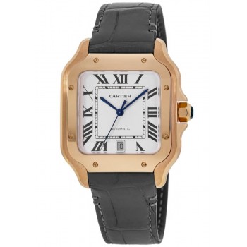 Replica Relógio Cartier Santos De Cartier grande mostrador prateado automático com pulseira de couro cinza WGSA0019