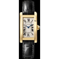 Cópia Cartier Tank Americaine pequeno mostrador prateado pulseira de couro ouro amarelo relógio feminino WGTA0039