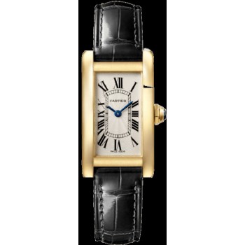 Cópia Cartier Tank Americaine pequeno mostrador prateado pulseira de couro ouro amarelo relógio feminino WGTA0039