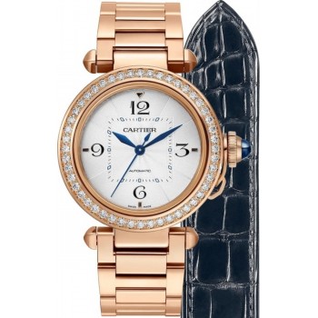 Réplica Cartier Pasha Silver Dial Diamond 18Kt Rose Gold Relógio Feminino WJPA0013