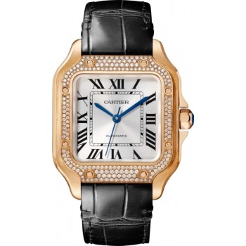 Réplica Cartier Santos De Cartier Médio Mostrador Prata 18K Ouro Rosa Diamante Pulseira De Couro Feminino WJSA0012