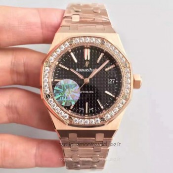 Réplica relogio Audemars Piguet Royal Oak 15450 Ouro Rosa Diamantes Marcador Preto 