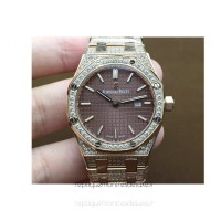 Réplica relogio Audemars Piguet Royal Oak 67651 Senhoras Ouro Rosa Diamantes Castanho Dial