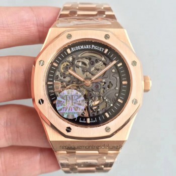 Réplica Audemars Piguet Royal Oak Double Balance Wheel Openworked 15407 Ouro Rosa Preto Skeleton Dial