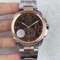 Réplica Calibre De Cartier W7100036 42MM aco inoxidável & Ouro Rosa Castanho Dial