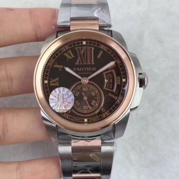 Réplica Calibre De Cartier W7100036 42MM aco inoxidável & Ouro Rosa Castanho Dial