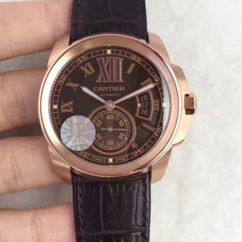 Réplica Calibre De Cartier W7100039 42MM Ouro Rosa Castanho Dial