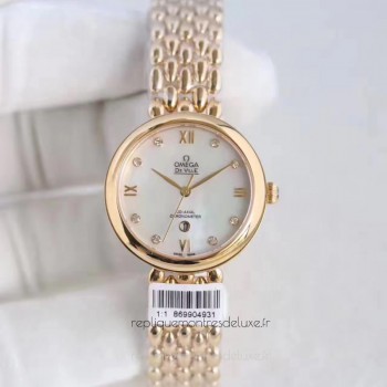 Réplica Omega De Ville Dewdrop 424.55.33.20.55.009 Ouro Amarelo Mother Of Pearl Dial 