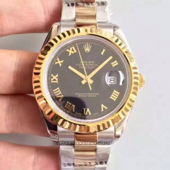 Réplica Rolex Datejust 41 126333 41MM Aco Inoxidável & Ouro Amarelo Preto & Roman Dial