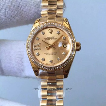 Réplica Rolex Lady Datejust 28 279138RBR 28MM Ouro Amarelo & Diamantes Marcador de Champanhe